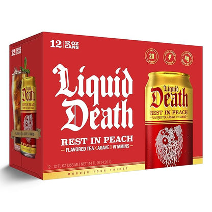Liquid Death, Rest in Peach Iced Tea, 12-Pack (12 oz Cans), Peach Flavored Black Tea, Low Calorie, No Artificial Sweeteners, B12 & B6 Vitamins
