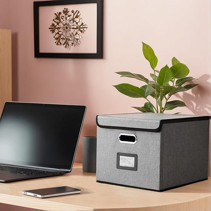 Collapsible File Box with Lid & Plastic Slide - Hanging Document Organizer for Office/Home, 14.96x12.6x10.83 Inch,Dark Grey, 1 Pack (No Folders Included)