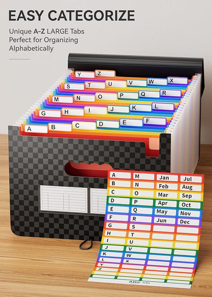 ABC life 26 Pockets Accordian File Organizer,Expanding File Folder/Portable A4 Letter Size Filling Box, Expandable Desktop Accordion Folder, Plastic Paper Document Coupon Organizer with Colored Label