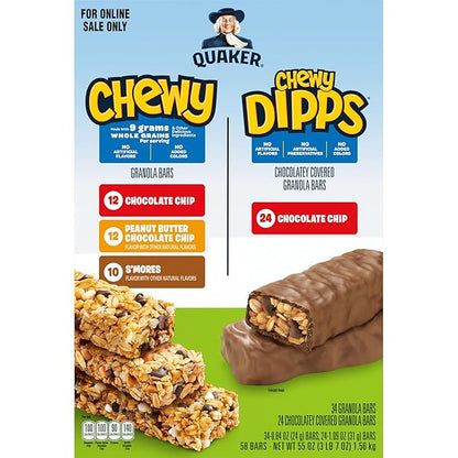 Quaker Chewy Granola Bars, Chewy & Dipps Variety Pack, (58 Bars), Whole Grains, No Artificial Flavors, No Added Colors