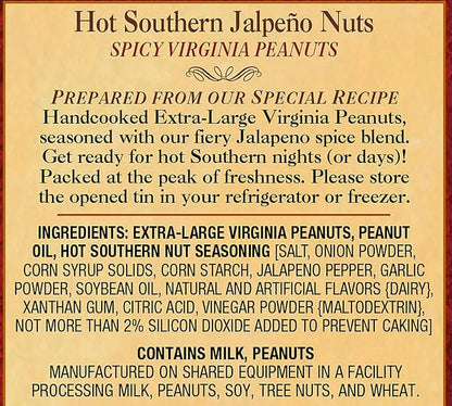 The Peanut Shop of Williamsburg Spicy Williamsburg Peanuts with Jalapeno, Onion, Garlic, Hot Nuts, Hand Cooked Virginia Peanuts, Gluten Free, Kosher - 10.5 Oz Tin