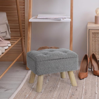 Storage Ottoman, Small Storage Ottoman Foot Stool with Wood Legs, Teddy Velvet Rectangular Foot Rest for Chair, Soft Sponge White Footstool for Living Room, Couch, Bedroom, Dorm (Grizzly)