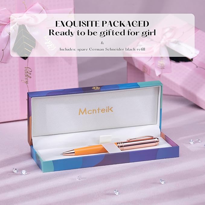 Luxury Gel Pen, Top Set With 8mm Brilliant Diamond,Bright Orange Pen Lacquer,Rose Real Gold Finish, Black Refill,Elegant Gift Pen For Women, Unique, Office,Nice Designer Pens