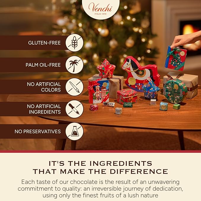 Venchi - Christmas Gift Box with Assorted Chocolates, Gianduiotto, Chocoviar 75% Extra Dark, Cremino, Limited Edition, Gluten-Free, No Colourings or Preservatives, Gift Idea