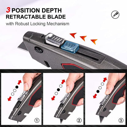 HAUTMEC Heavy-Duty Utility Knife, Safety Box Cutter with Auto-Retracting & 3-Position Locking Dual-System, Built-In Wire Stripper, Blade Storage and 3 Ultra-sharp SK4 Blades – HT0311