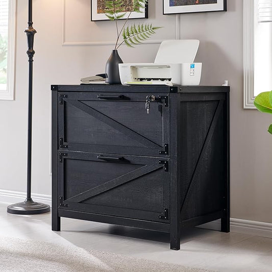 JXQTLINGMU 2 Drawer Farmhouse File Cabinet, Lateral Filing Cabinet with Lock for Home Office, Compatible Legal Letter A4 F4 Size, Black