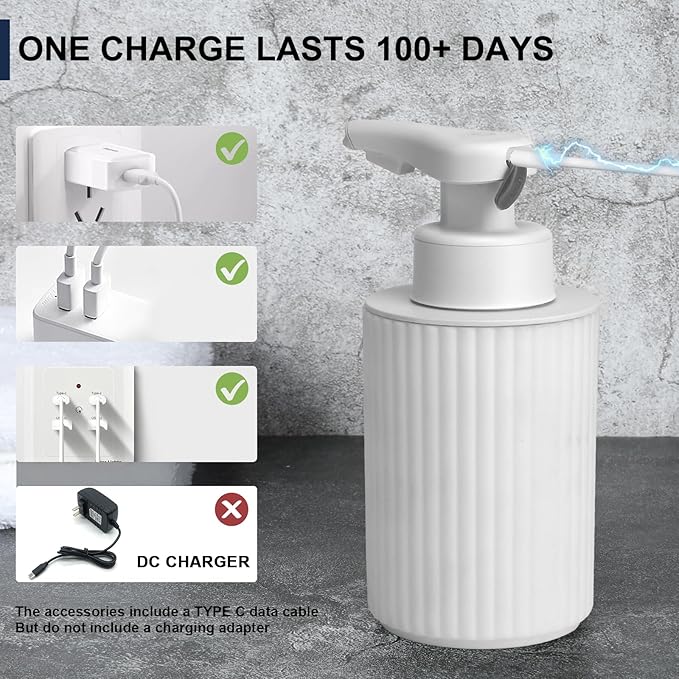 Automatic Soap Dispenser Liquid Touchless: 9oz White Plastic - Rechargeable Electric Smart 3 Level Adjustable Auto Hand Soap Dispenser - Dish Bathroom Kitchen