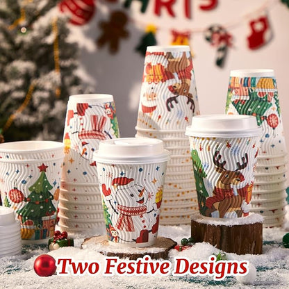 SIUQ 12 oz Christmas Coffee Cups with Lids - 50 Pack Disposable Insulated Paper Cups, Christmas Hot To Go Coffee Cups, Leak Proof Holiday Party Supplies for Office Home Celebrations