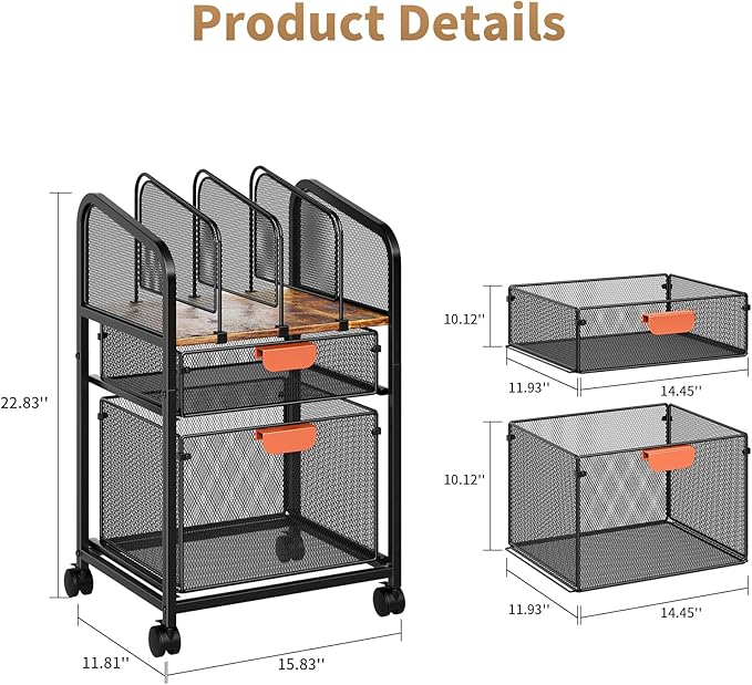 Marbrasse Rolling file Cart with Adjustable Dividers, Mobile File Cabinet on Lockable Wheels, Office Filing Cabinet Organizer, Hanging File Folder Organizer for Home Office - Dark Brown
