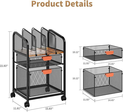 Marbrasse Rolling file Cart with Adjustable Dividers, Mobile File Cabinet on Lockable Wheels, Office Filing Cabinet Organizer, Hanging File Folder Organizer for Home Office - Dark Brown