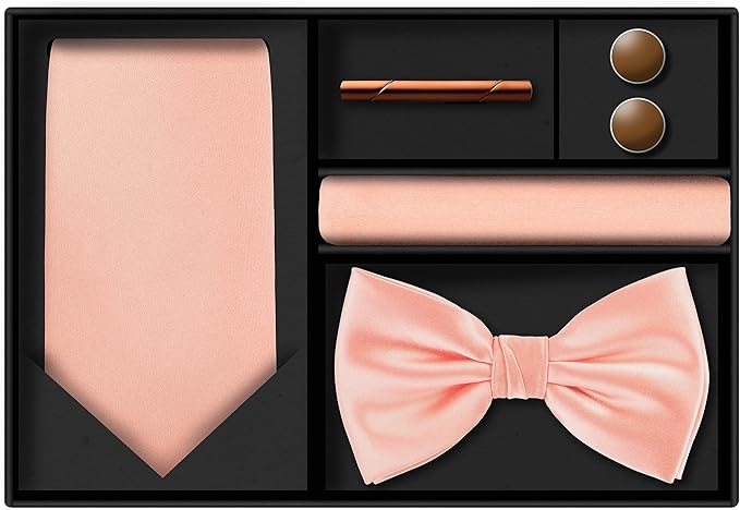 TIE G 5pcs Tie Set in WHITE OR BLACK GIFT BOX: Solid Color Necktie, Satin Bow Tie, Pocket Square, Lapel, Cuff Links