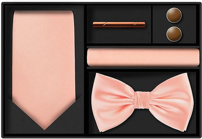 TIE G 5pcs Tie Set in WHITE OR BLACK GIFT BOX: Solid Color Necktie, Satin Bow Tie, Pocket Square, Lapel, Cuff Links
