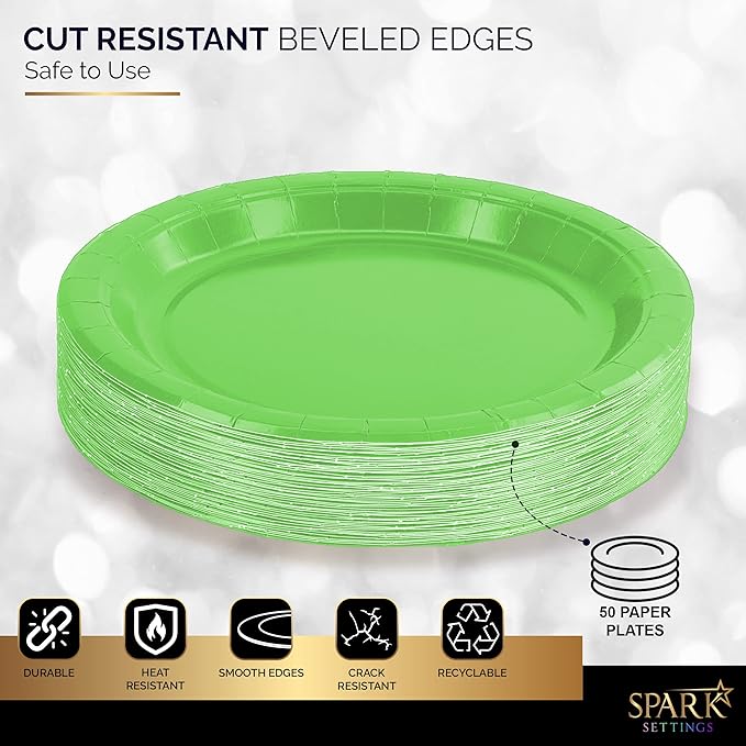 Disposable Paper Plates Kiwi, 6 3/4 Inch Paper Dessert Plates, Strong and Sturdy for Parties, Dinners, Holidays, Picnics, or Travel - Pack of 50