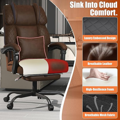Ergonomic Office Chair with Footrest, 400lbs High Back Executive Home Office Computer Chair with Unique Ear-Shape Headrest for Neck Support,Coffee Leather Office Chairs for Home Office Work