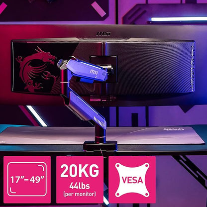 MSI MPG MT201R V2 - Premium RGB Single Monitor Stand Arm, Supports 17-49" Screens and 44 lbs, VESA Compatible, Adjustable Heavy Duty Gas Spring Mount, Clamp & Grommet, Quick Release Plate - Gray