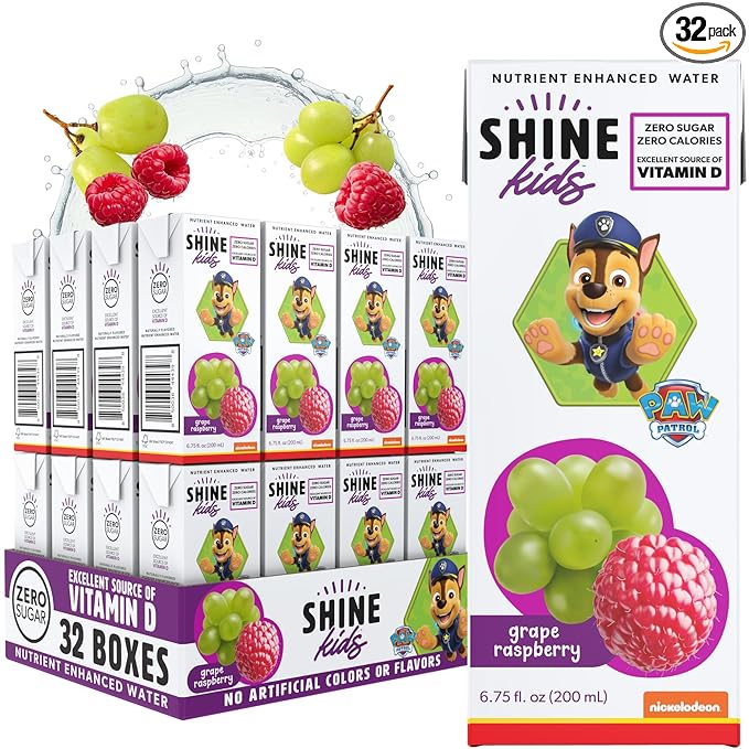 ShineWater Kids x Paw Patrol Vitamin D Grape Raspberry Juice Boxes | No Added Sugar | Naturally Flavored Drink for Kids | Vegan Gluten Free Hydration | 32 Pack