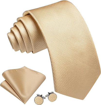 Barry.Wang Tie Sets for Men Silk Solid Necktie Stain Ties Handkerchief Pocket Square Cufflinks Wedding Business Dyed