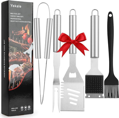 BBQ Grill Accessories Set, Grill Tools Grilling Accessories Grilling Gifts for Men - Spatula, Fork, Brush, Tongs & Cleaning Brush - Outdoor Barbecue Utensils Gifts for Men Dad Him (Sliver)