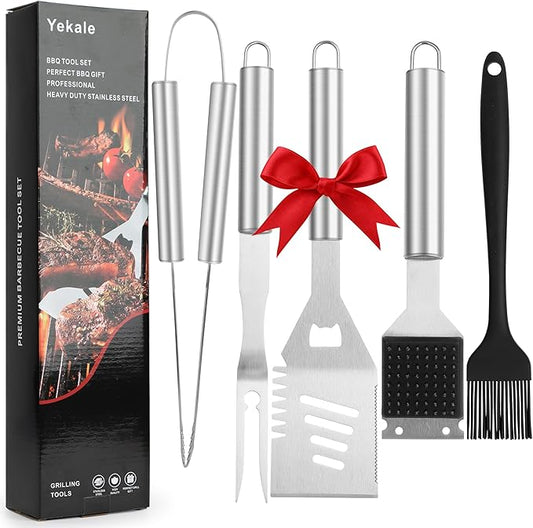 BBQ Grill Accessories Set, Grill Tools Grilling Accessories Grilling Gifts for Men - Spatula, Fork, Brush, Tongs & Cleaning Brush - Outdoor Barbecue Utensils Gifts for Men Dad Him (Sliver)