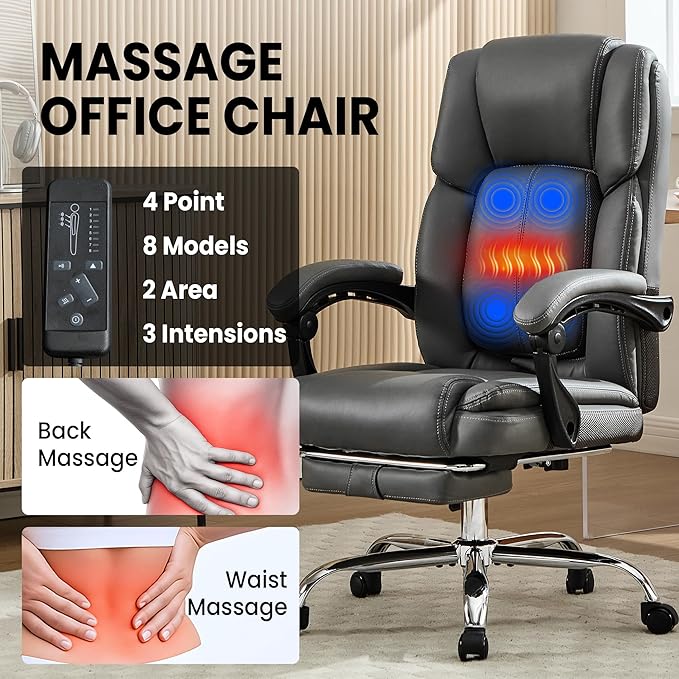 Massage Office Chair 4 Points with Footrest,Reclining Executive Desk Chair with Vibration Heat for Heavy People 500lbs,Lumbar Support PU Leather,Adjustable Height Ergonomic (Gray)