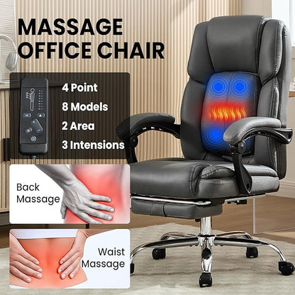 Massage Office Chair 4 Points with Footrest,Reclining Executive Desk Chair with Vibration Heat for Heavy People 500lbs,Lumbar Support PU Leather,Adjustable Height Ergonomic (Gray)