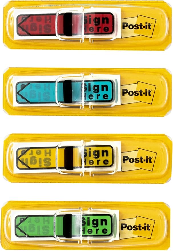 Post-it Message Sign Here Flags, 30/Dispenser, 4 Dispensers/Pack, .47 in Wide, Assorted Colors (684-SH)