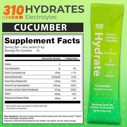 310 Nutrition Sugar Free Electrolytes Powder - Instant Hydration Packets for Daily Fluid Balance - Caffeine-Free Rehydration Drink Mix w/Vitamins, Low Calorie & Keto Friendly - Cucumber 15 Singles