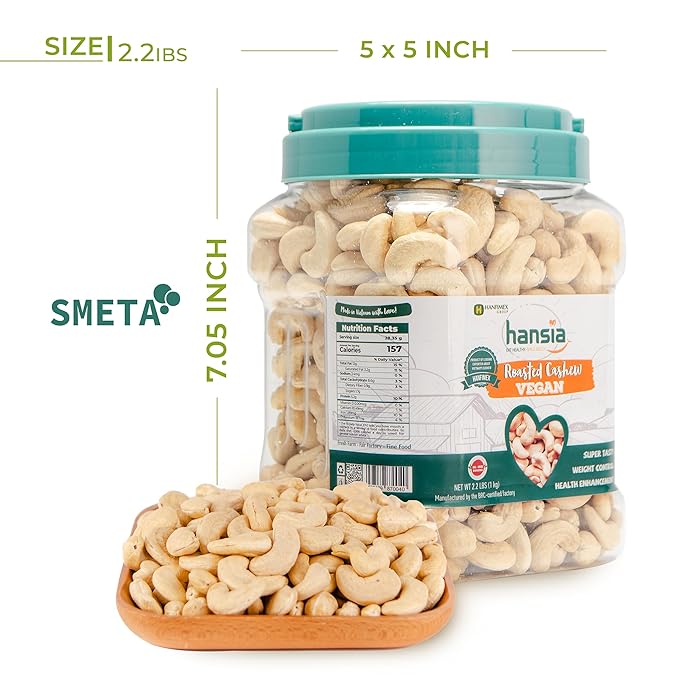 Hansia Roasted Cashew VEGAN, Dry Roasted Unsalted Superfood, Fresh, Healthy, Low Sodium Snacks, Rich of Protein & Natural Fiber, Protein, Vitamin and Iron |Gift Giving (Roasted Cashew, 2.2 Pounds (Pack of 1))