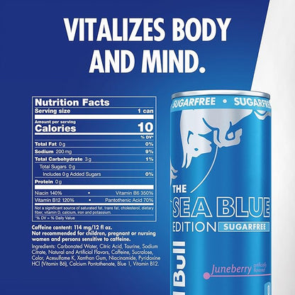 Red Bull Sea Blue Edition Sugar-Free Energy Drink, Juneberry, with 80mg Caffeine plus Taurine & B Vitamins, 12 Fl Oz, Pack of 24 Cans