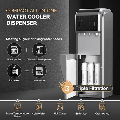 ICEPURE 6-in-1 Bottleless Water Cooler with Ice Maker with 3-Stage Reverse Osmosis Filters, WiFi, Bullet and Crushed Ice, 35lbs/24H, Hot and Cold Water, Child Lock, Stainless Steel