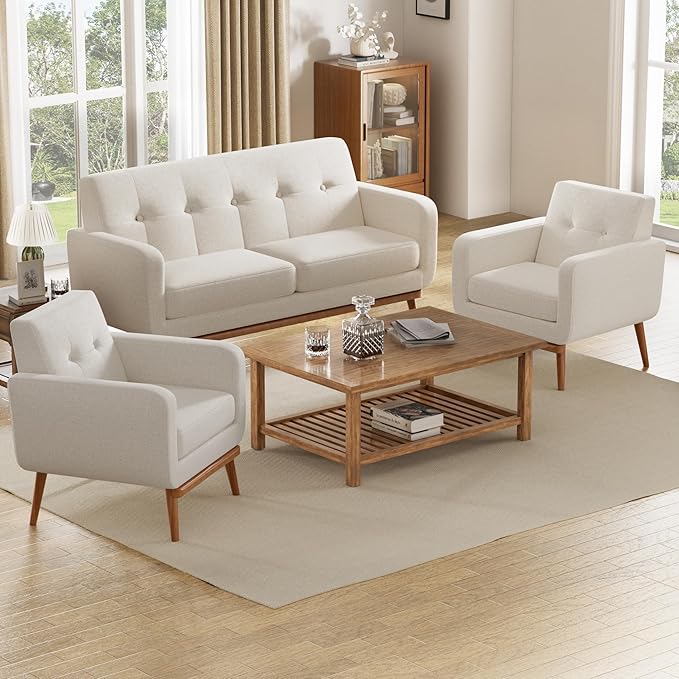 HUIMO Living Room Set, Button Tufted Living Room Furniture Sets, Upholstered Modern Couch Set with Solid Frame, Deep Seat Sofa Set for Living Room, Office (White, 3 Piece Set-1*loveseat+2*Chair)