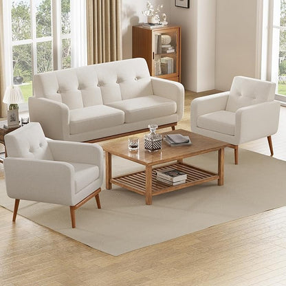 HUIMO Living Room Set, Button Tufted Living Room Furniture Sets, Upholstered Modern Couch Set with Solid Frame, Deep Seat Sofa Set for Living Room, Office (White, 3 Piece Set-1*loveseat+2*Chair)