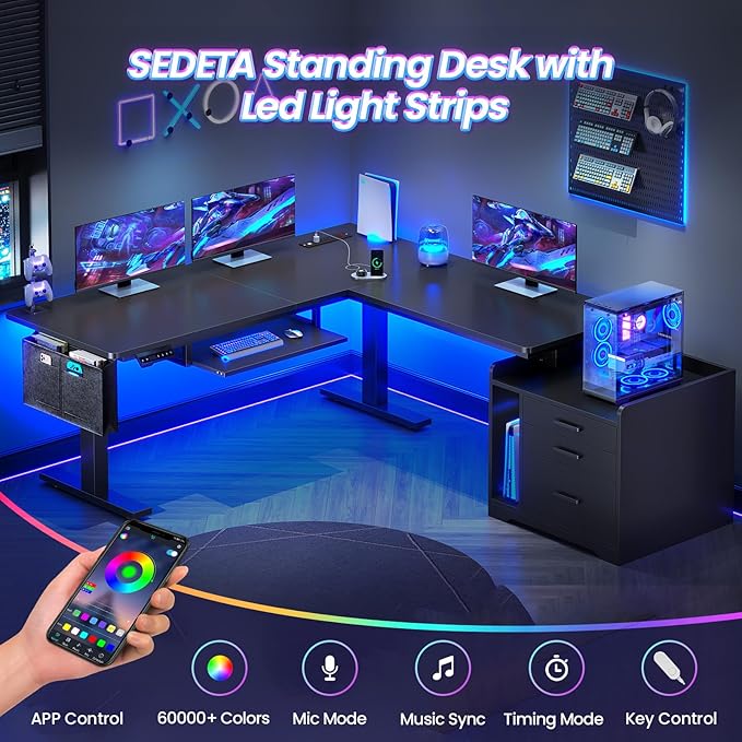 SEDETA L Shaped Electric Standing Desk with File Cabinet, 63 x 53'' Height Adjustable Home Office Computer Desk with Drawers, Power Outlet, Stand up Gaming Table with Led Lights, Keyboard Tray, Black