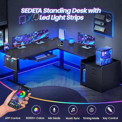 SEDETA L Shaped Electric Standing Desk with File Cabinet, 63 x 53'' Height Adjustable Home Office Computer Desk with Drawers, Power Outlet, Stand up Gaming Table with Led Lights, Keyboard Tray, Black