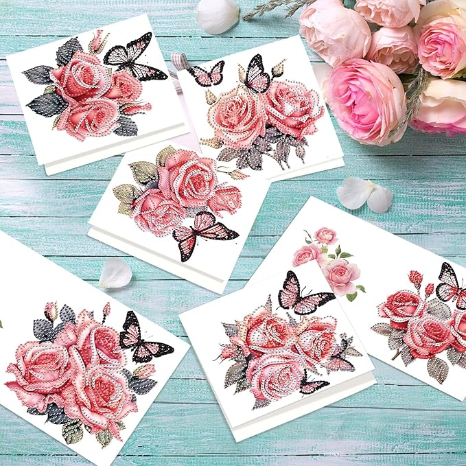 jinglinhh 12pcs Diamond Art Painting Butterfly Flower Dragonfly Daisy Rose Lotus Greeting Cards with Envelopes, DIY Card Making Kits for Adults, Diamond Art Birthday Cards Craft Gifts