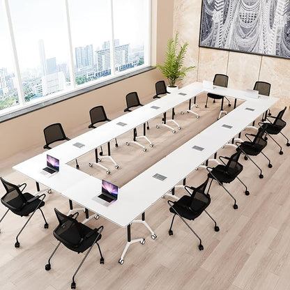 Conference Room Table, Folding Conference Table with Silent Wheels, Modular Flip Top Mobile Training Tables for Office, Training Room, Meeting Rooms, School, 2-16 Person (4, White, 61in)