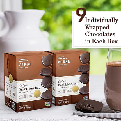 Verse Luxury Dark Chocolate Coffee Squares - Only 1g Cane Sugar - Coffee Flavored 90% Dark Cocoa - Individually Wrapped Cacao Chocolate Squares (9 Count, 2 Pack)