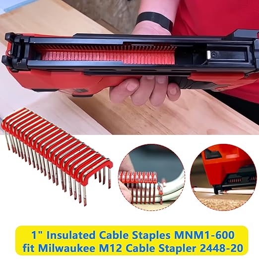1" Insulated Cable Staples MNM1-600 fit Milwauke Cable Stapler Gun M12 2448-20 for to Wood Surfaces - Fit Milwauke Staples 600 per Box (Cable Staples-600)