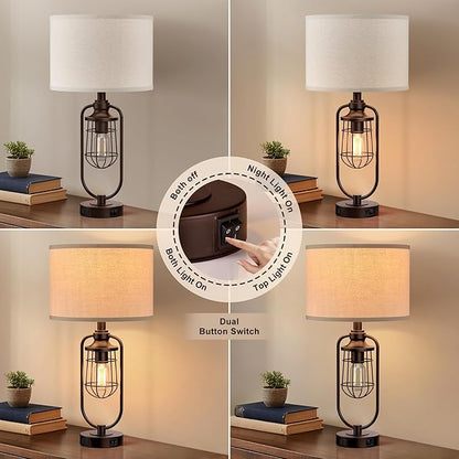Table Lamps for Living Room Set of 2, Farmhouse Lamps for Night Stands, Industrial Bedside Lamps for Bedroom Nightstand with USB A+C, Bulbs Included