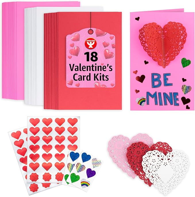 Hygloss Valentines Day Card Making Kit - DIY Valentines Cards for Kids - Includes 18 Cards, 18 Heart Doilies, 4 Sheet Heart Stickers - Classroom Favors - Unique Valentine Card Making Kits