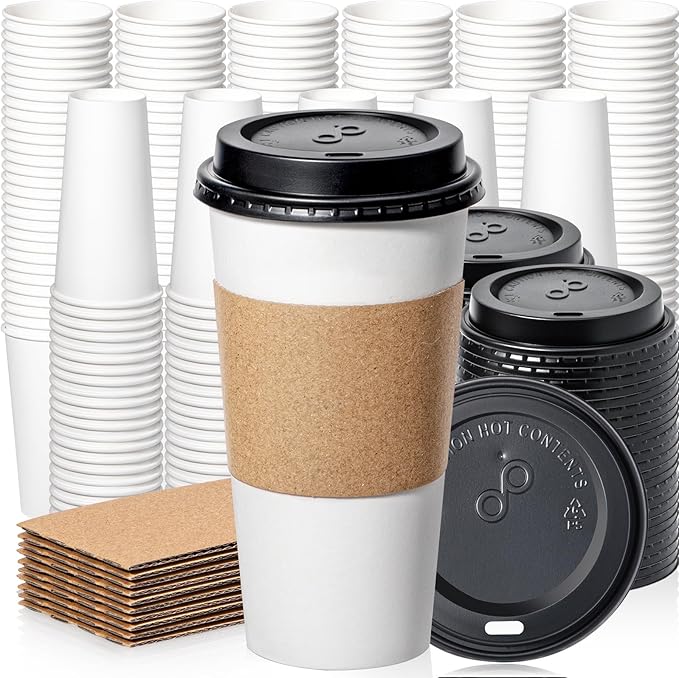 Fit Meal Prep 500 Pack 20 oz Disposable Coffee Cups with Lids, Sleeves, Leak-Proof To Go Coffee Cups with Lids, Durable Paper Cups for Hot Beverage, Home, Office, Party