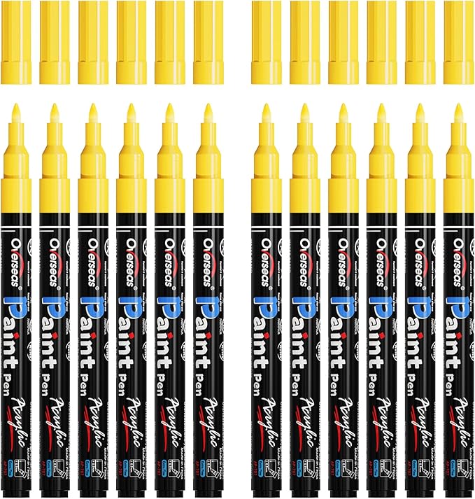 Overseas Paint Markers Pens - Yellow Permanent Markers Acrylic Paint Pens 12 Pack, Water Based, Waterproof, 0.7mm Extra Fine Tip Acrylic Marker for Wood, Metal, Rock, Plastic, Glass, Canvas, Fabric