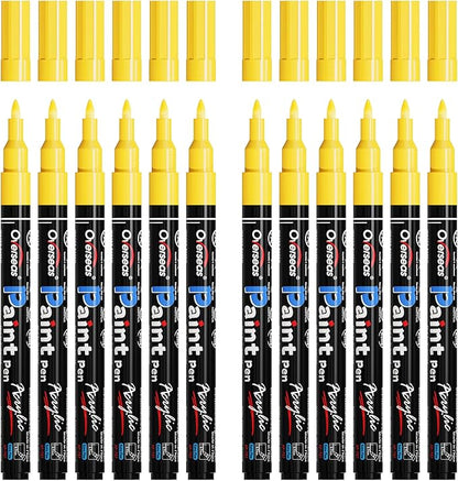 Overseas Paint Markers Pens - Yellow Permanent Markers Acrylic Paint Pens 12 Pack, Water Based, Waterproof, 0.7mm Extra Fine Tip Acrylic Marker for Wood, Metal, Rock, Plastic, Glass, Canvas, Fabric