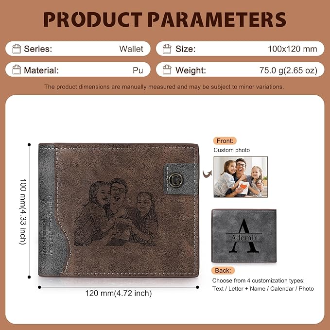 Personalized Wallet for Men – Custom Bifold Wallet with Photo, Text, Name, Calendar, RFID Blocking Slim Wallet, Gift for Husband, Dad, Boyfriend, Father’s Day, Birthday, Valentine’s Day (Dark Brown)