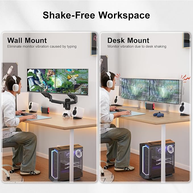 HUANUO Dual Monitor Wall Mount for 17-32 Inch Computer Screen Mount (4.4-17.6lbs Per Arm) - VESA 75x75/100x100 Height Adjustable Stand for Dual Monitors - Home Office Desk Setup