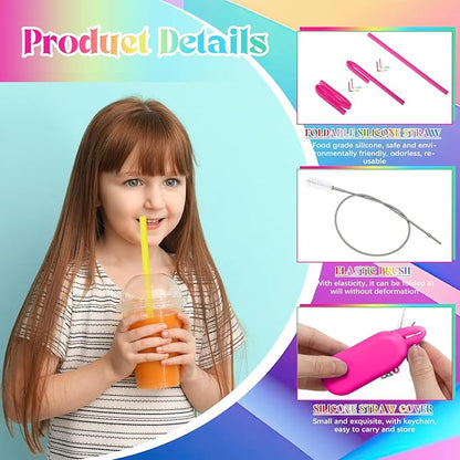 Meanplan 4 Sets Cruise Ship Essentials,4 Set Silicone Straws with Case Reusable Silicone Portable Drinking Straw Set for Party Travel Cold or Hot with 4 Carry Case, 4 Cleaning Brushes (Neon Colors)