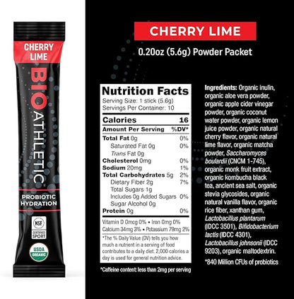 Probiotic + Electrolyte Hydration Drink Mix, with Vitamins D & B12, USDA Organic, NSF Certified for Sport, Subtle Cherry Lime Flavor, Naturally Light Taste, 10 Sticks