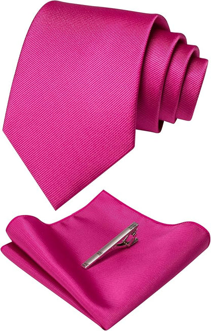 JEMYGINS Solid Color Formal Necktie and Pocket Square Tie Clip Sets for Men