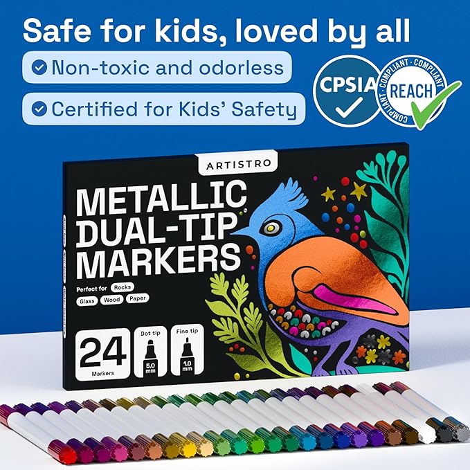 ARTISTRO 24 Metallic Acrylic Paint Markers for Rock, Fabric, Wood, Glass, Decoration - Dual-Tip Paint Pens for Coloring Books for Adults, Teens, Kids - Art and Craft Supplies Kit - Gift Idea