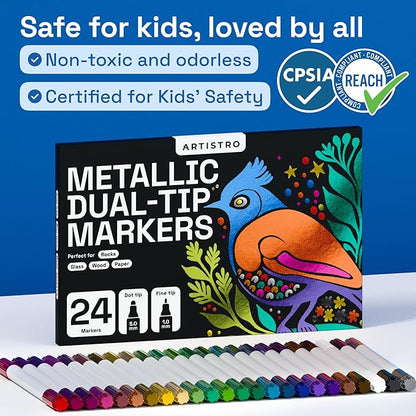 ARTISTRO 24 Metallic Acrylic Paint Markers for Rock, Fabric, Wood, Glass, Decoration - Dual-Tip Paint Pens for Coloring Books for Adults, Teens, Kids - Art and Craft Supplies Kit - Gift Idea